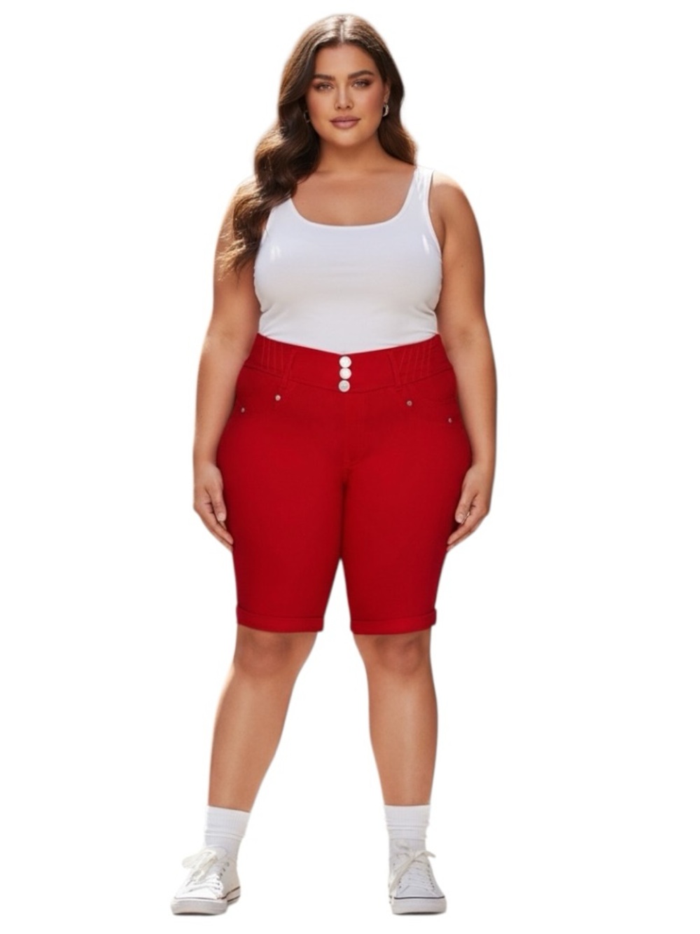 Thrill Plus Size Red High-Waist Bermuda Shorts with Button Detail, Stretch 3X